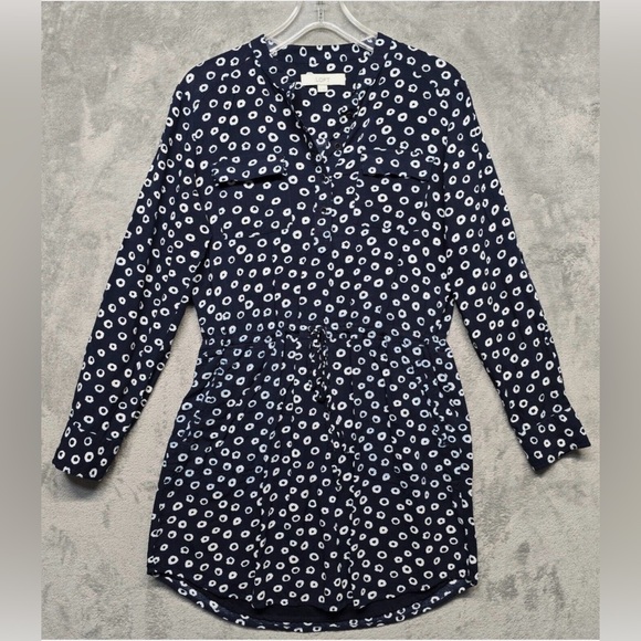 LOFT Blue White Dot Shirt Dress Small Lined Pockets Drawstring Waist - Picture 2 of 15